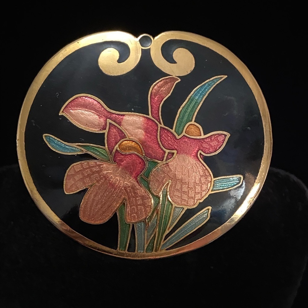 🩷 Cloisonne Belt Buckle ~ Floral Design ~ Black Enamel with Orchids